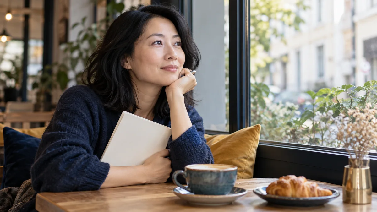 Une femme réfléchit avec un carnet près d’une fenêtre de café.