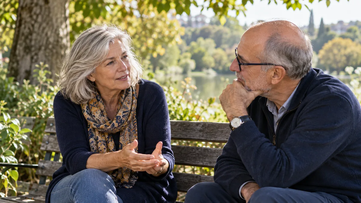 Deux adultes discutent sur un banc de parc.