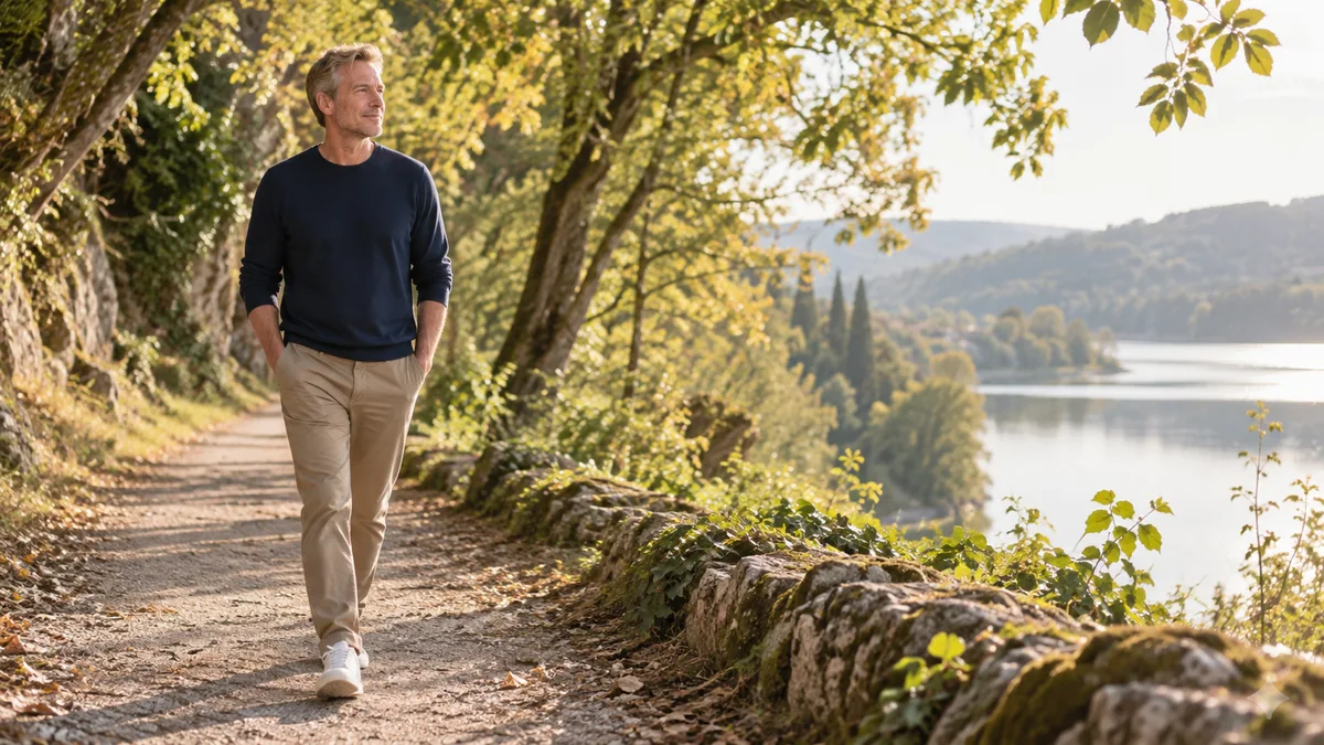 Un homme marche sur un chemin bordé d’arbres.