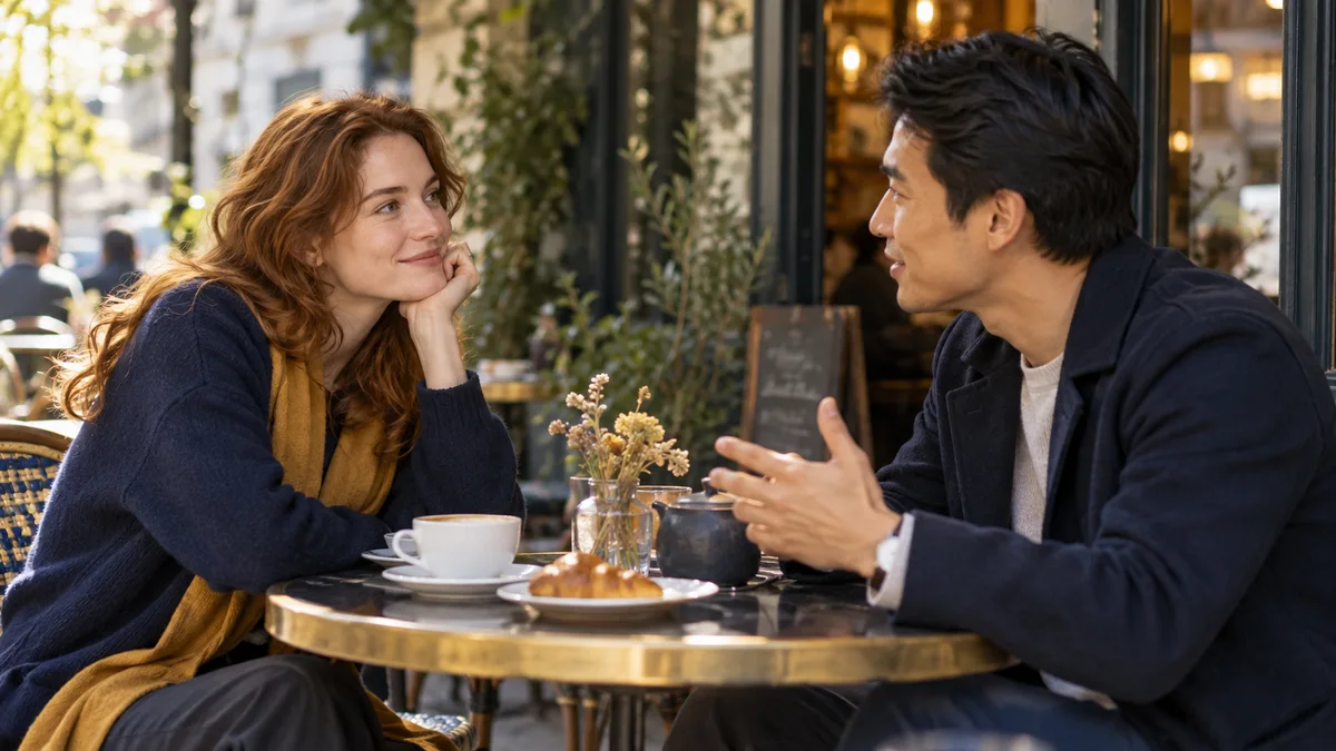 Deux adultes s’écoutent avec attention dans un café.