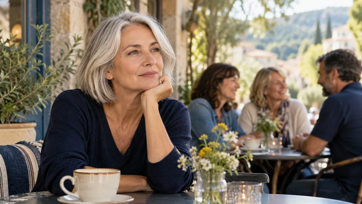 Une femme est assise dans un café, avec un groupe en arrière-plan.