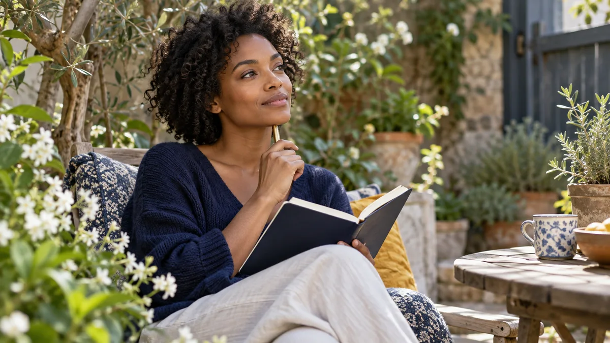 Une femme prend un moment calme dans son jardin avec un carnet.