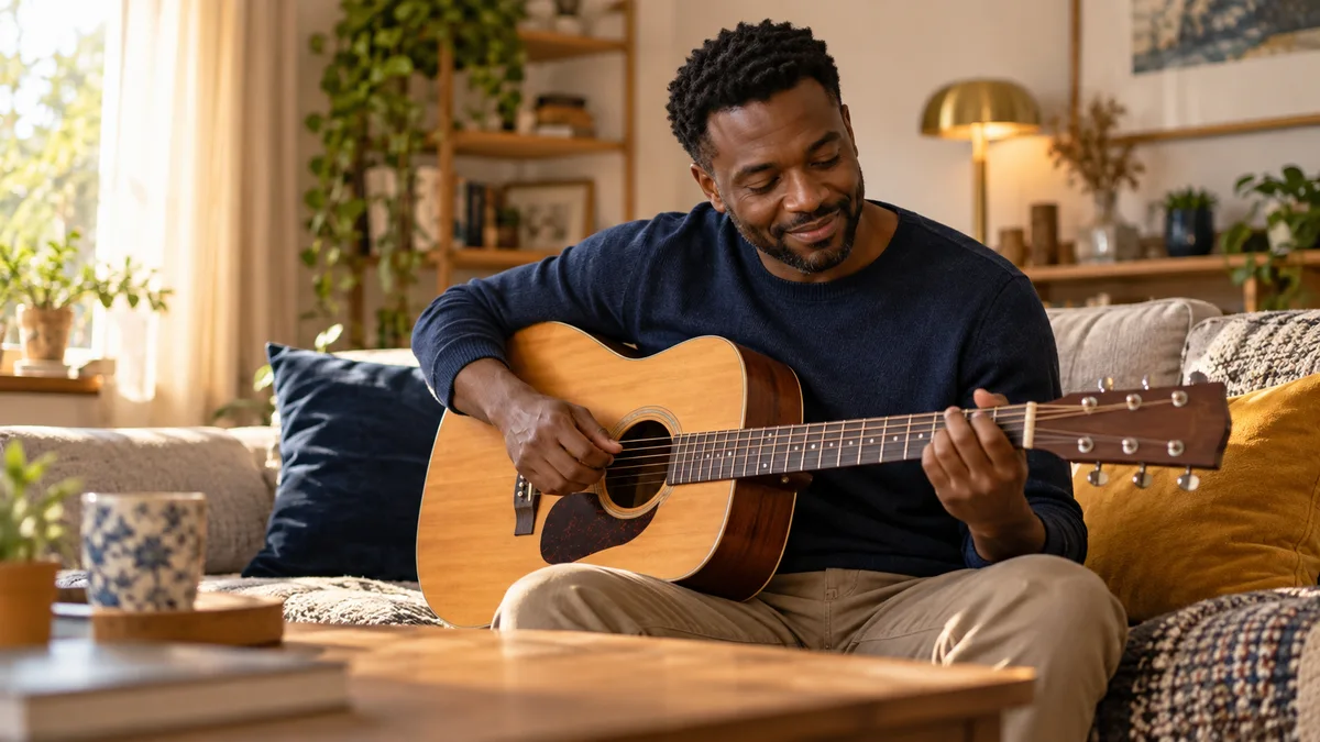 Un homme joue de la guitare chez lui dans un moment calme.
