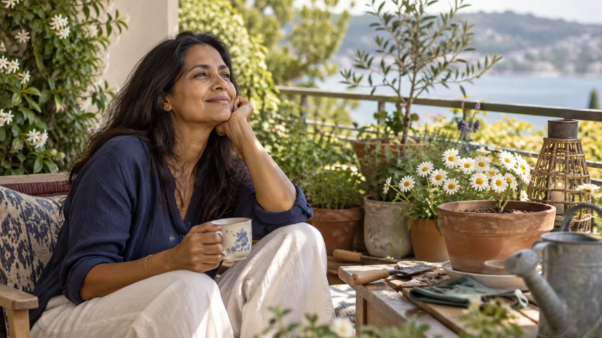 Une femme prend une pause pendant le jardinage sur son balcon.