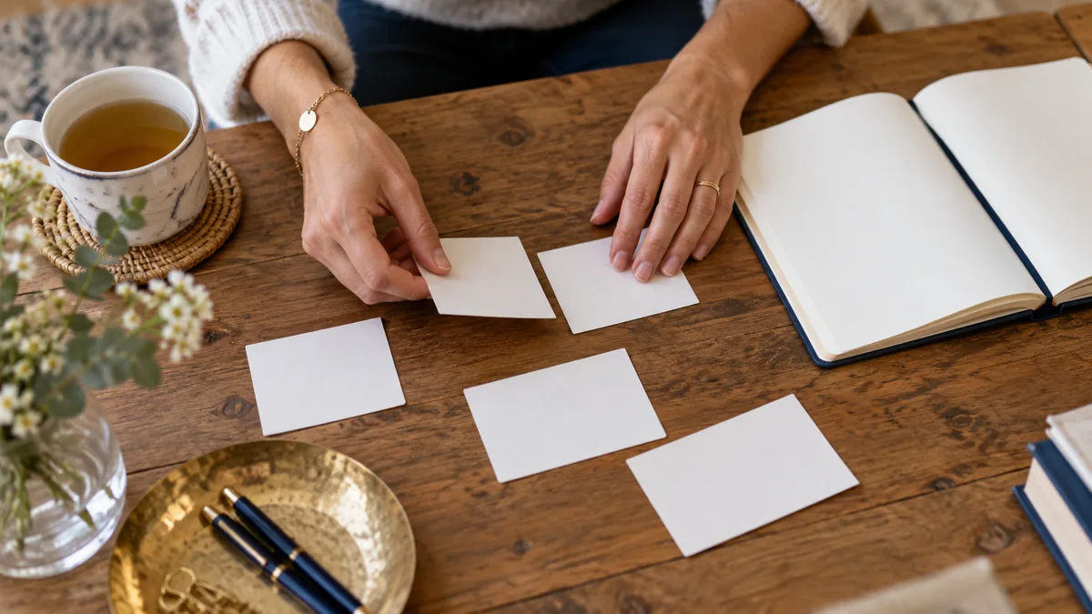 Des mains disposent des cartes autour d’un carnet de réflexion.
