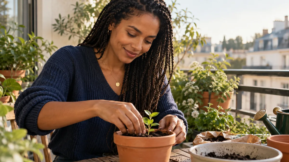 Une femme plante un petit végétal sur son balcon.