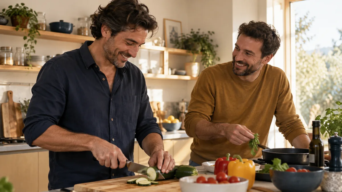 Un homme cuisine avec plaisir en compagnie d’un ami.