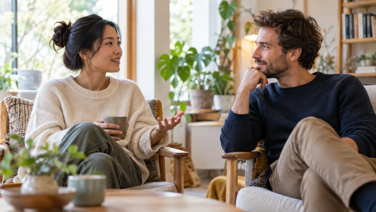 Deux adultes parlent calmement près d’une fenêtre.