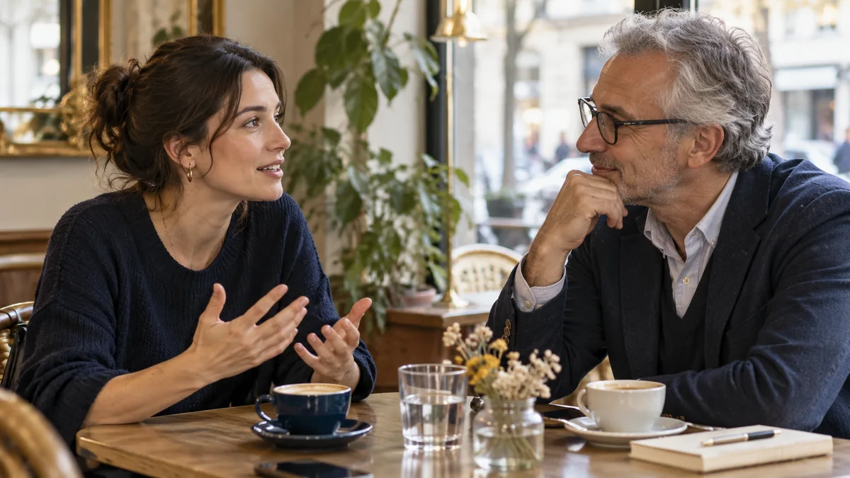 Deux adultes s’écoutent pendant une conversation dans un café.