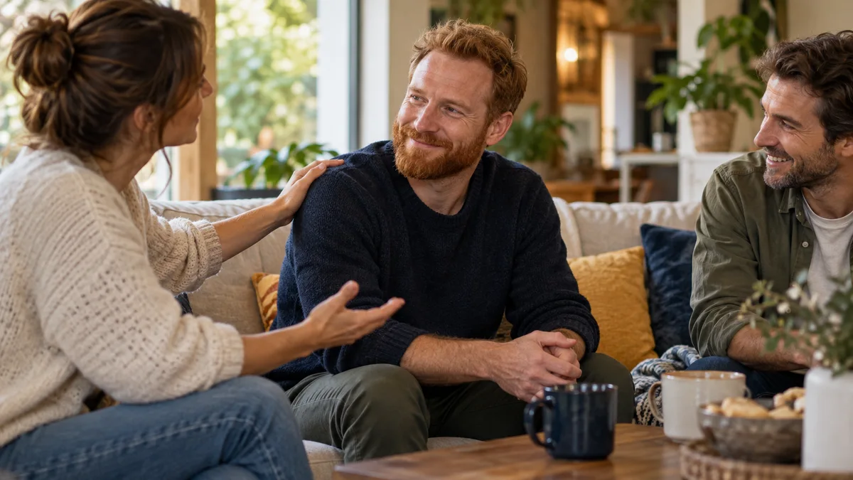 Trois adultes échangent dans un salon lumineux.