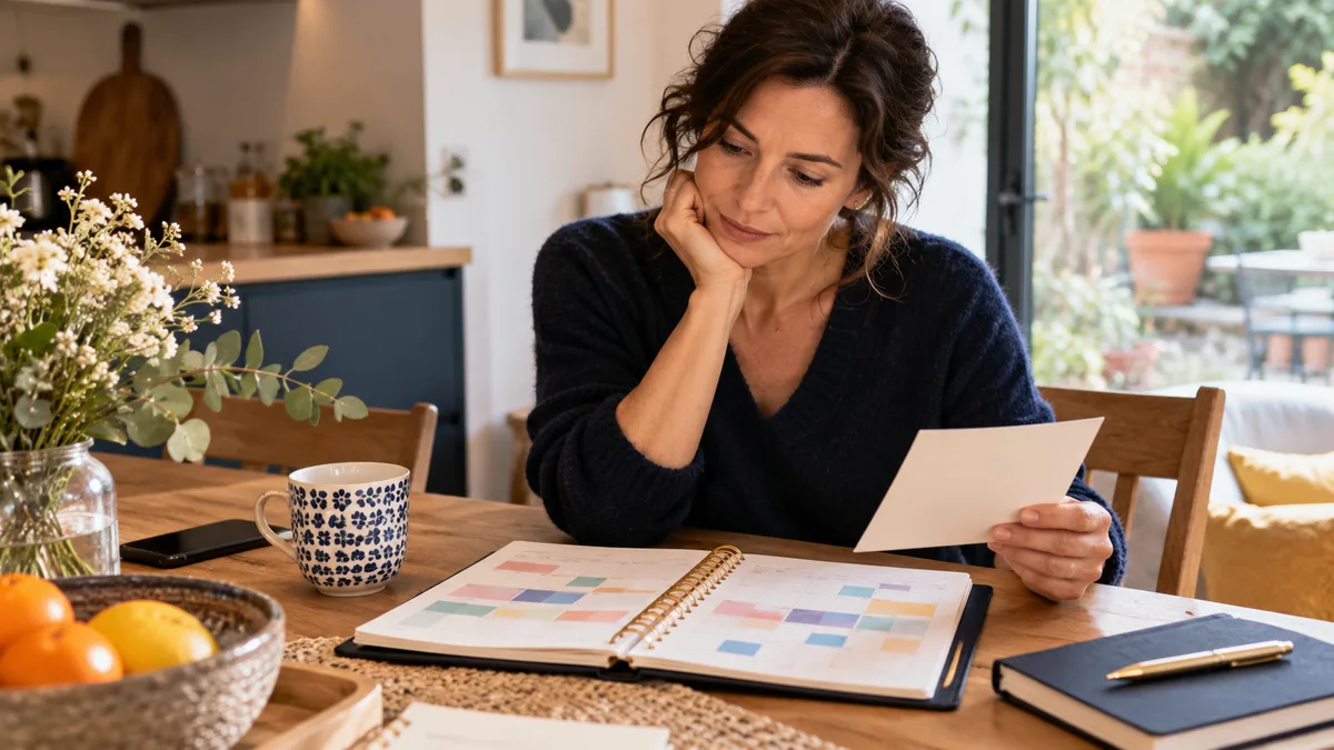 Une femme fait le point sur ses engagements dans son agenda.