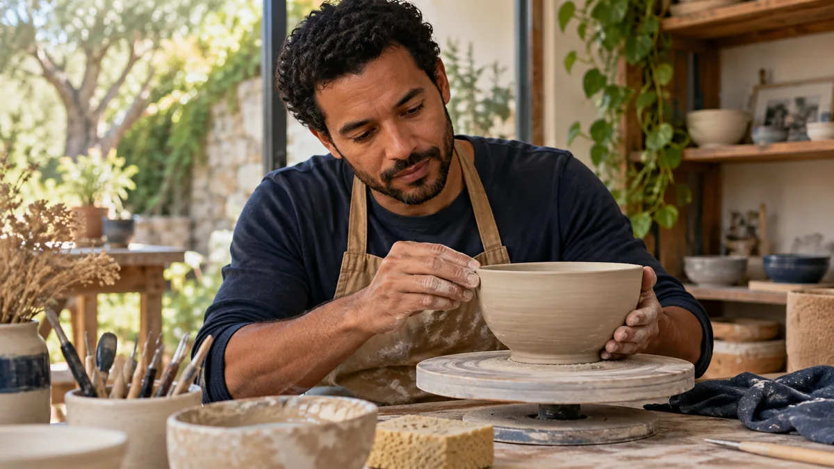 Un homme travaille un objet en argile dans un atelier.
