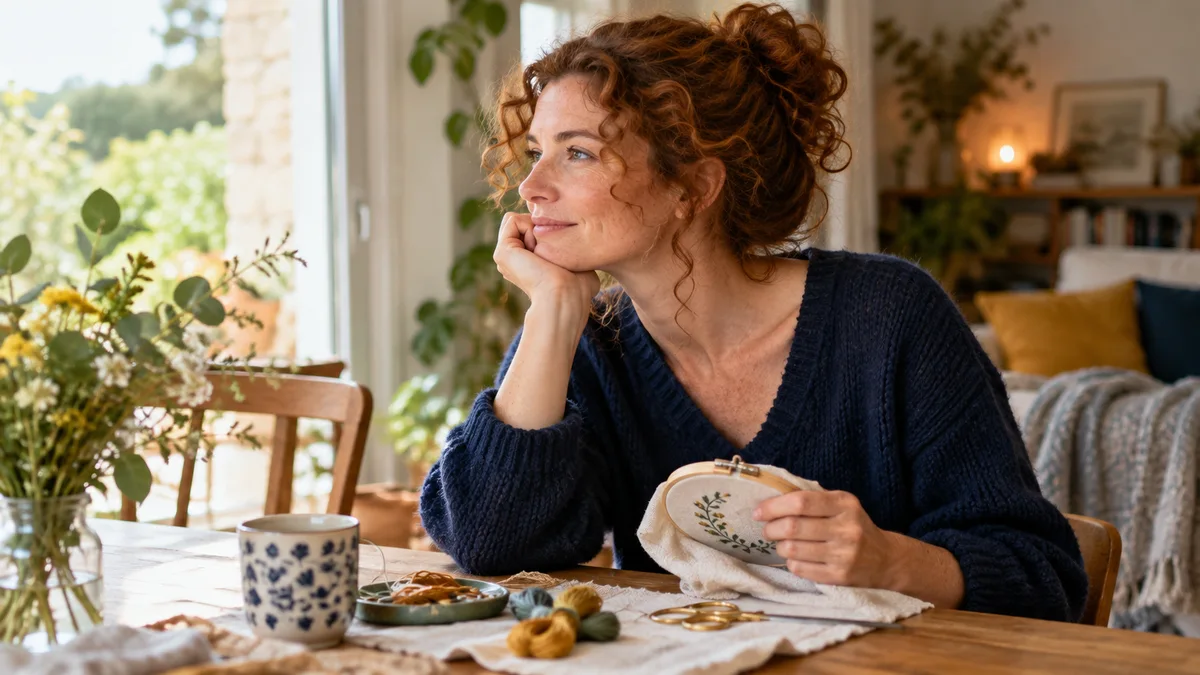 Une femme fait une pause pendant une activité manuelle.