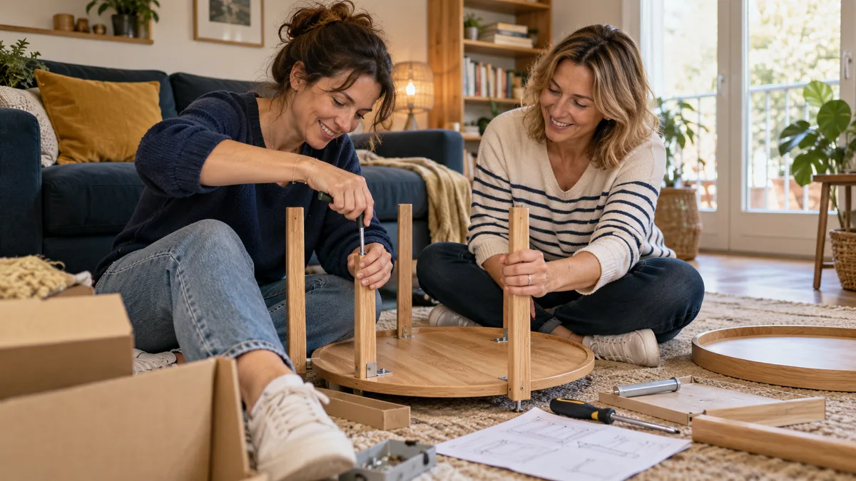 Une femme aide un proche à assembler un meuble.