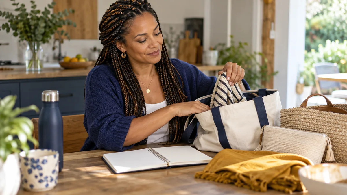 Une femme organise des sacs et ses notes dans sa cuisine.