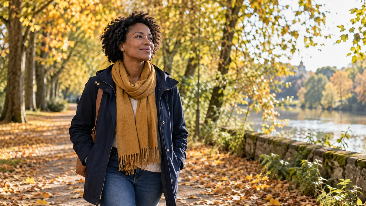 Une femme marche sur un chemin bordé d’arbres en automne.