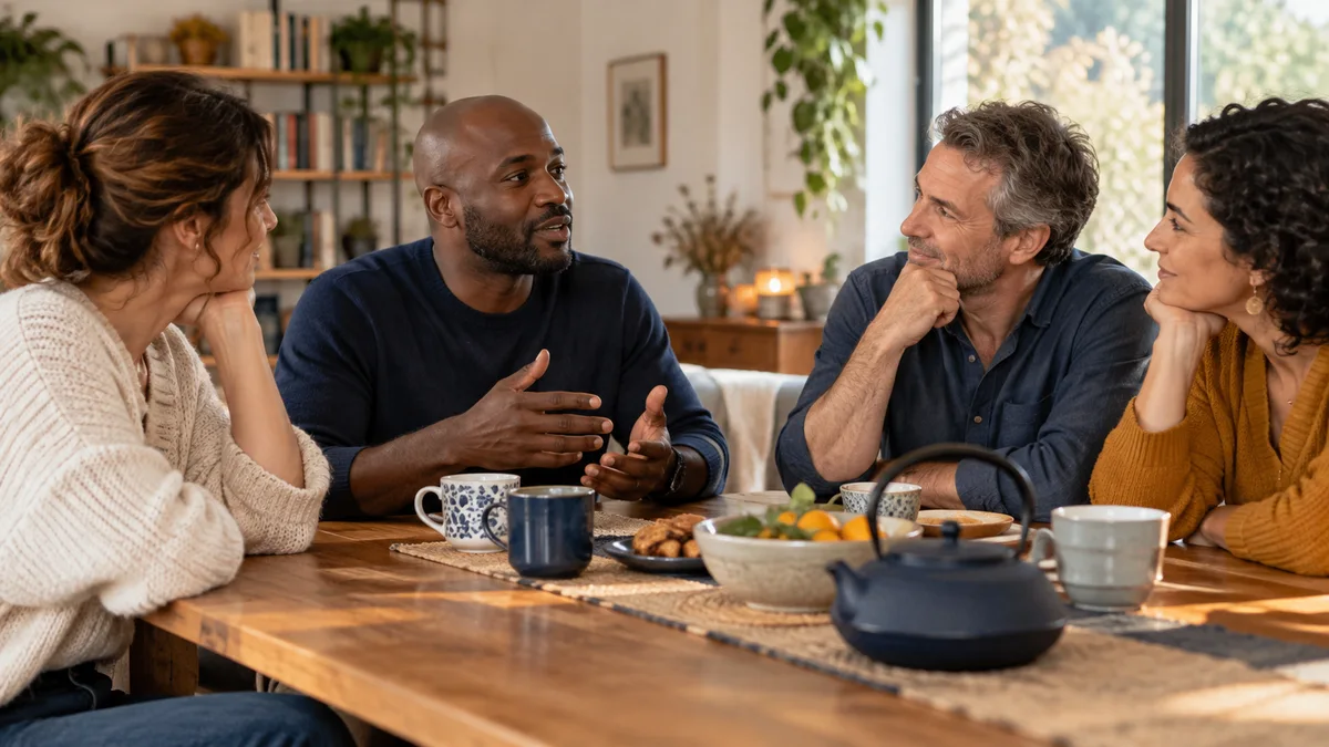 Un petit groupe écoute un homme qui prend la parole autour d’une table.