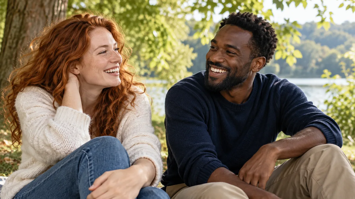 Deux adultes partagent un moment souriant dans un parc.