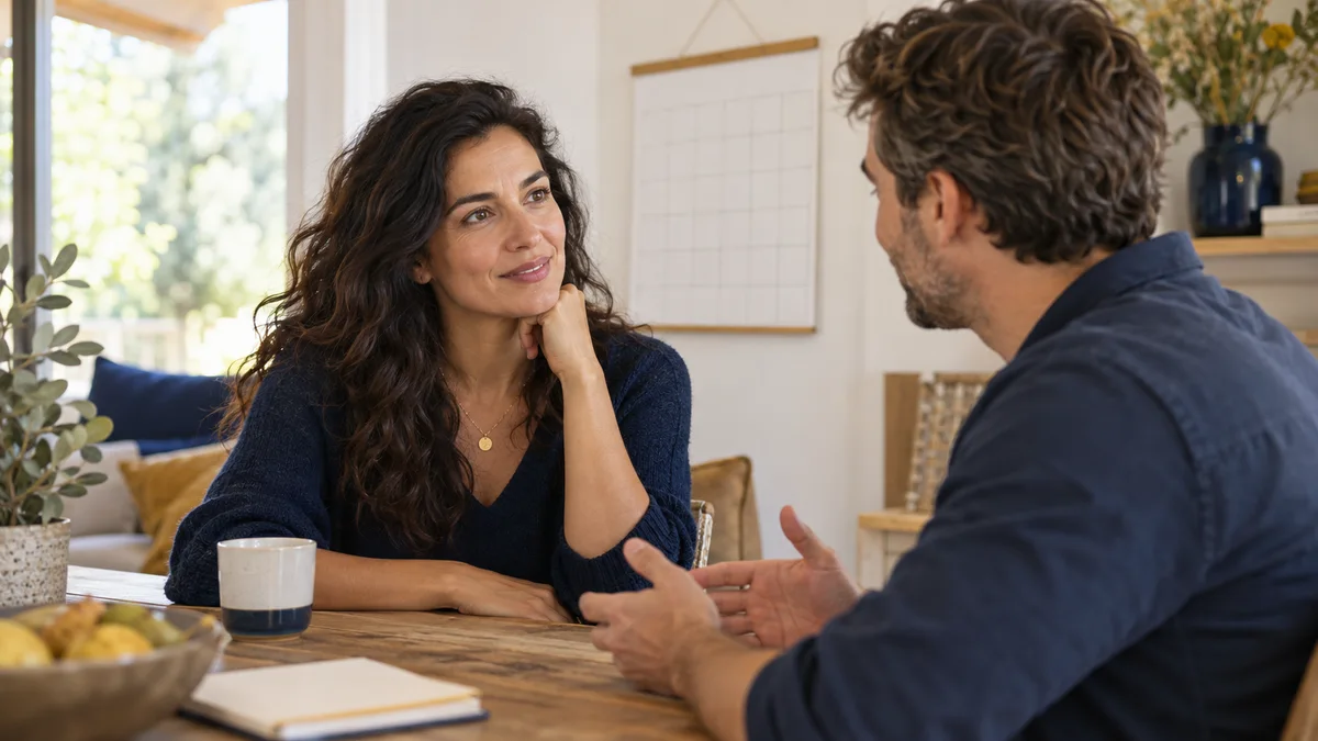 Deux adultes discutent calmement de leur organisation à domicile.