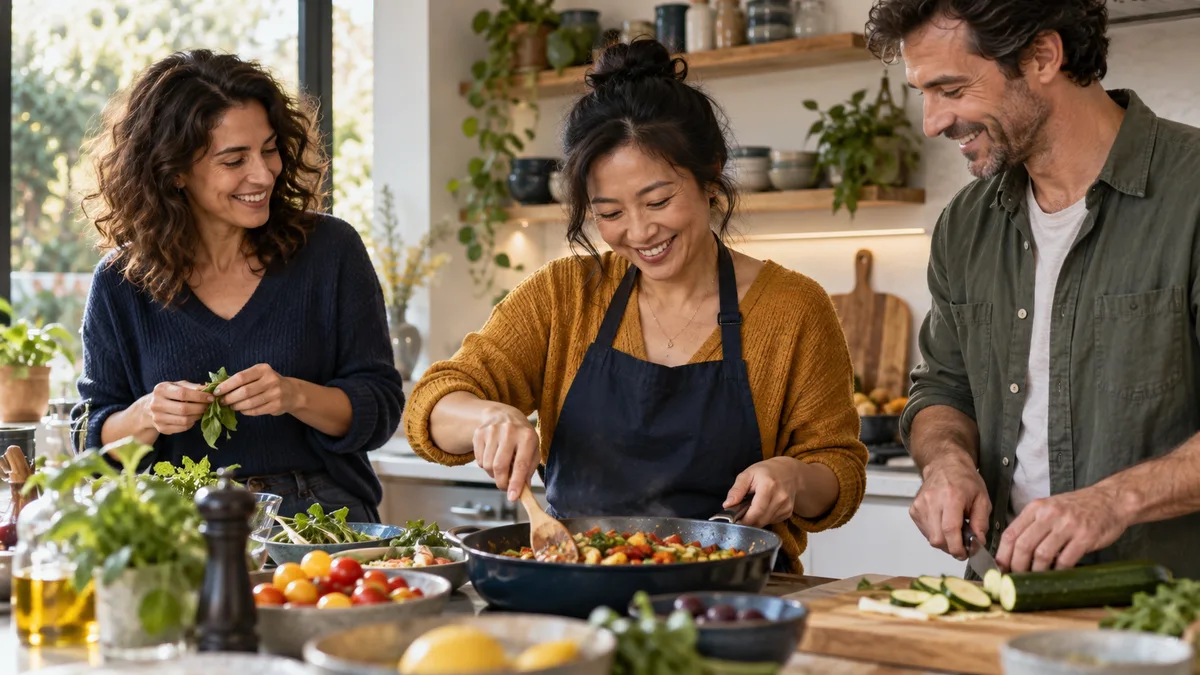 Une femme prépare un repas dans une cuisine.