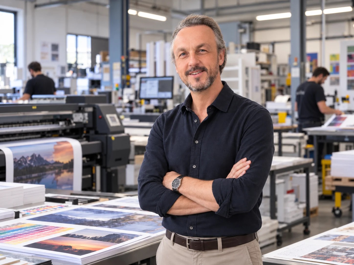 Portrait dans une imprimerie, devant les presses